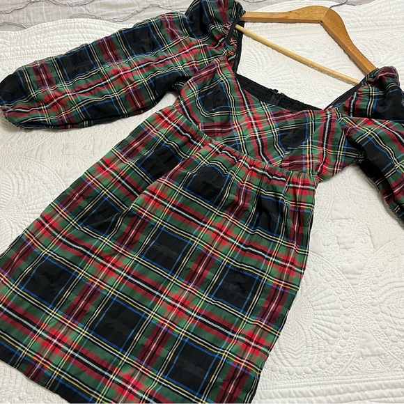 J CREW Puffed Sleeve Plaid Mini Dress Stewart Tartan Pockets Holiday Size 8 - Picture 13 of 14